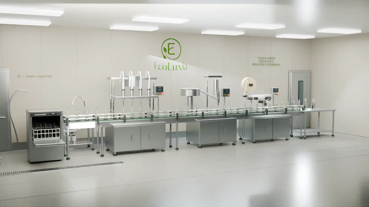 An illustrative 3D film of an EcoLuxia automated bottling line: glass bottles are washed, the water is filtered, and the bottles are filled, capped and sealed on a conveyor.