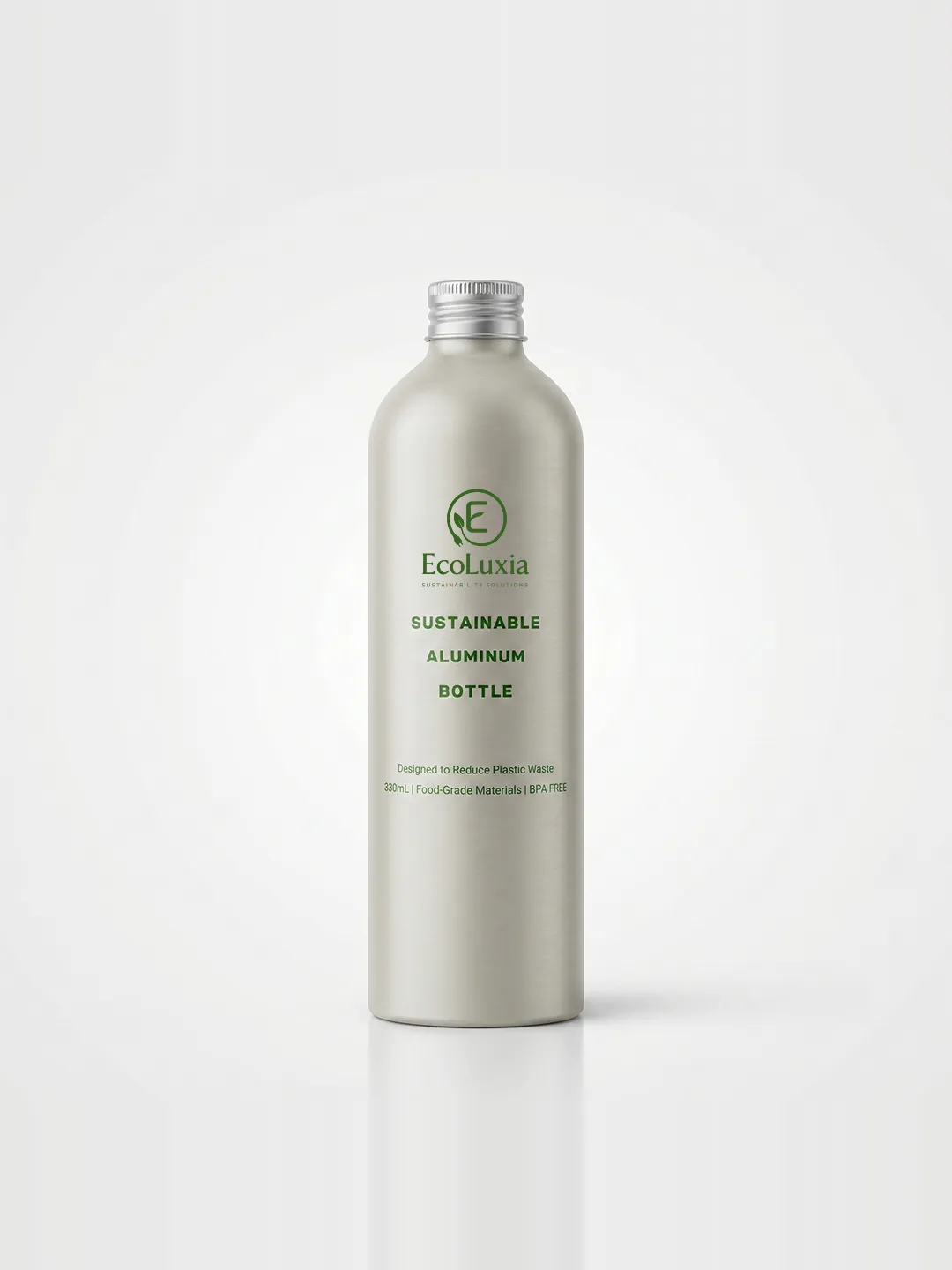An EcoLuxia reusable aluminum bottle with its screw cap.