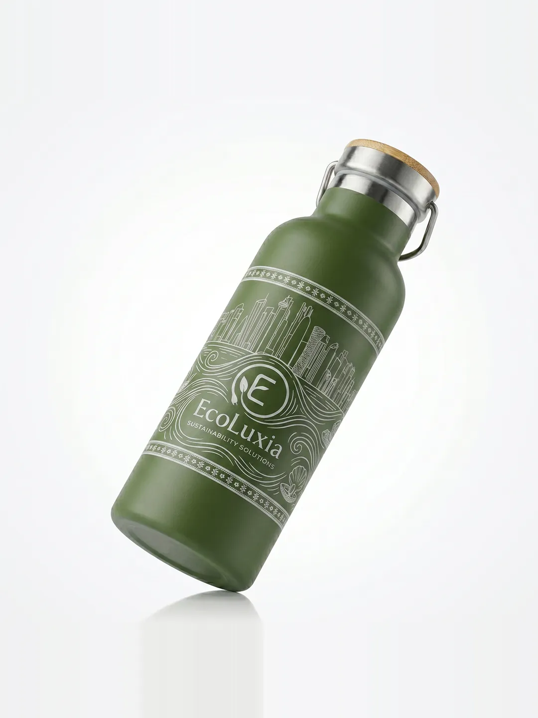 The EcoLuxia stainless-steel bottle at an angle, showing its skyline print.