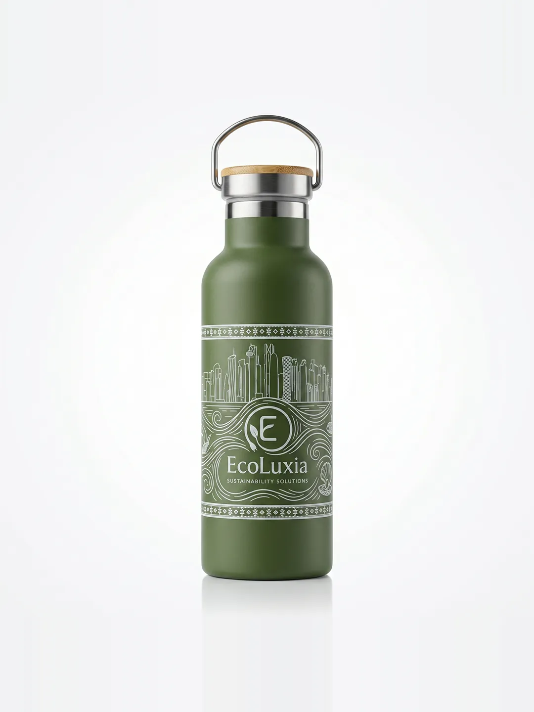 The EcoLuxia stainless-steel bottle in green, with a bamboo lid and a carry handle.
