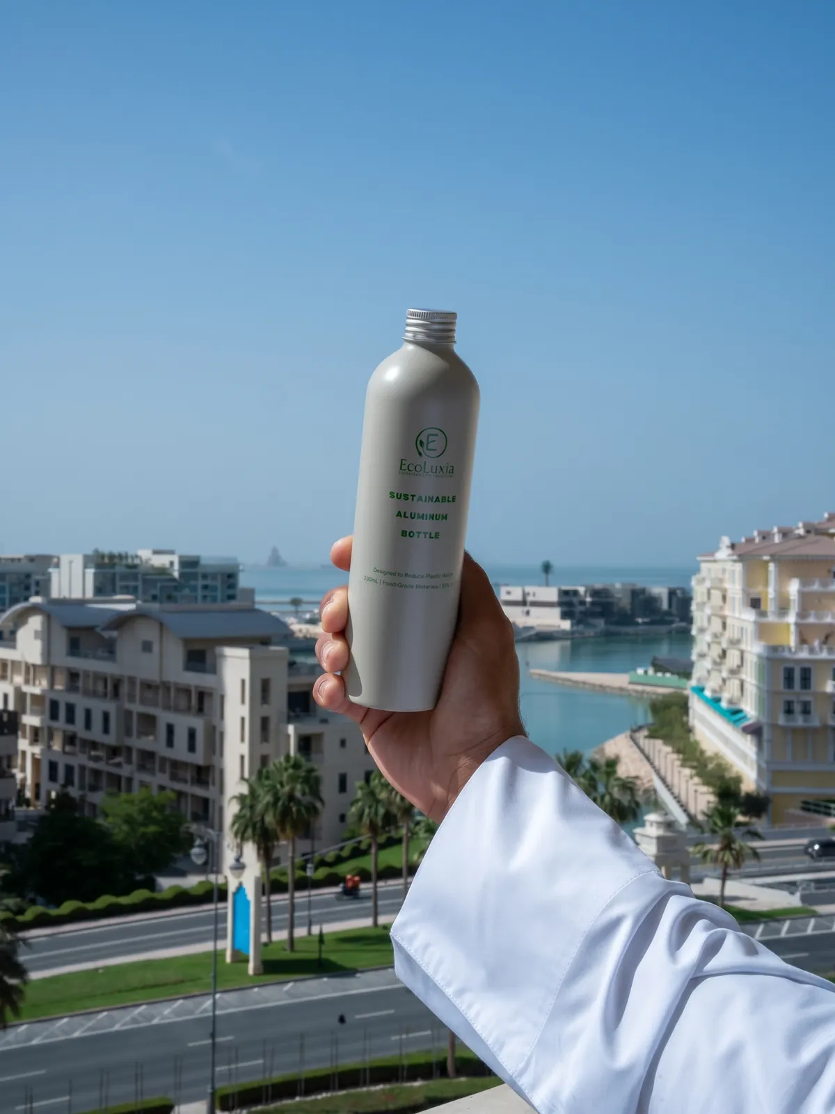 An EcoLuxia aluminum bottle held up against the city and the sea.