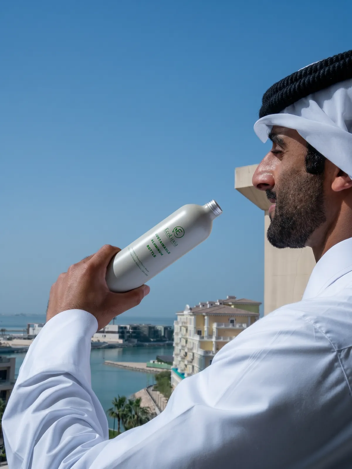 A man in a white thobe and ghutra drinking from an EcoLuxia aluminum bottle on a balcony above the waterfront.
