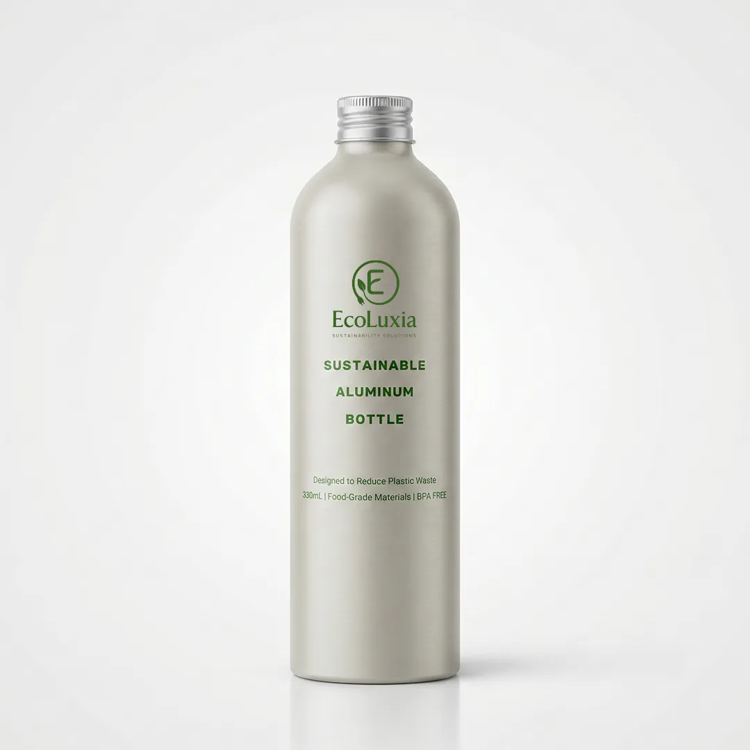 An EcoLuxia reusable aluminum bottle with its screw cap.