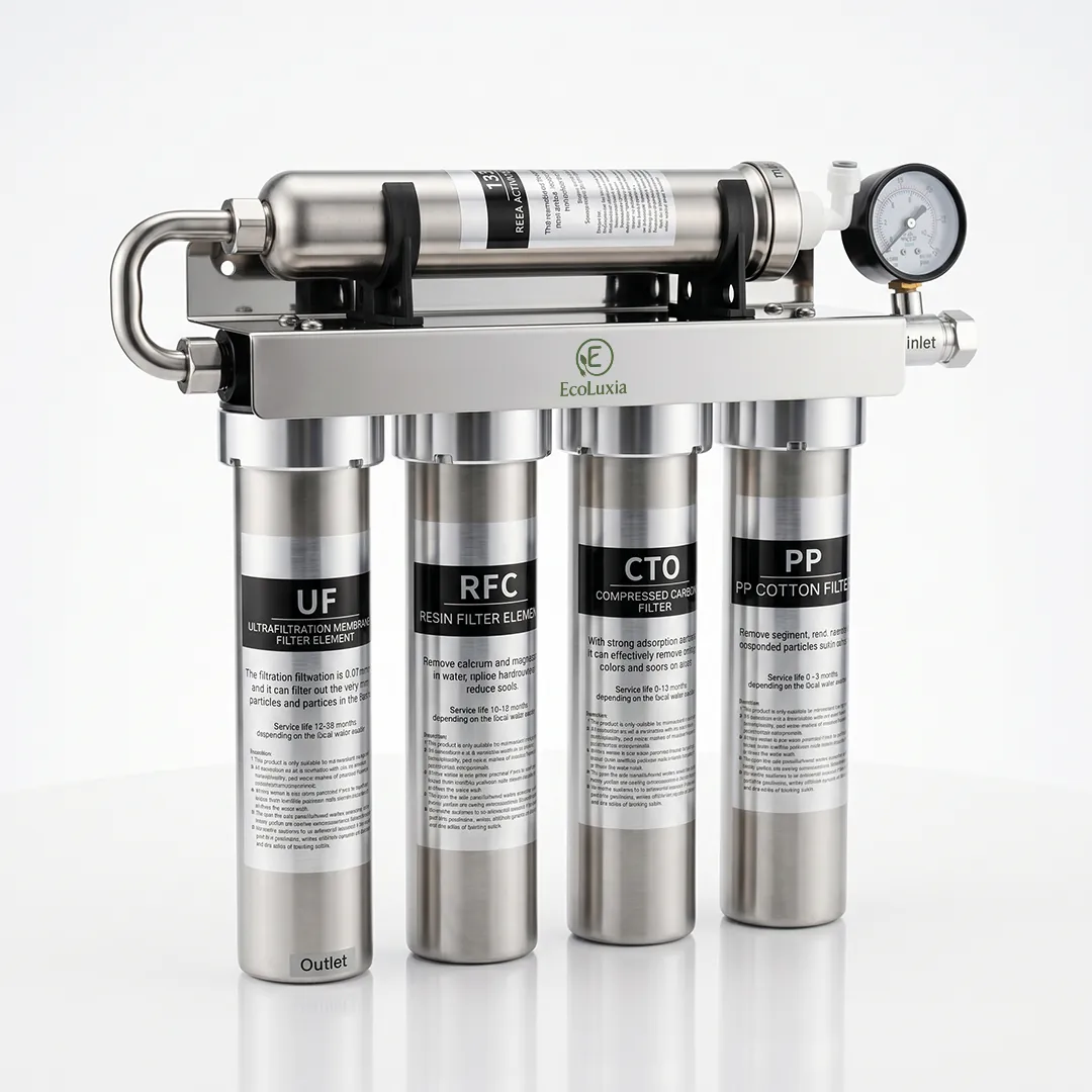 The four-stage stainless-steel filtration system from an angle.