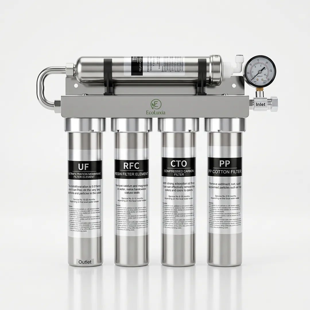 A four-stage stainless-steel filtration system with its pressure gauge, front view.