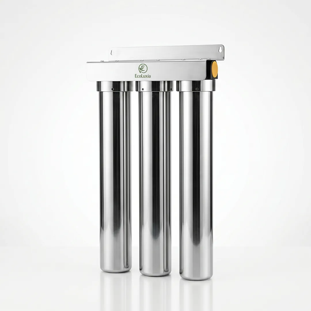 The three-housing stainless-steel filtration system from an angle.