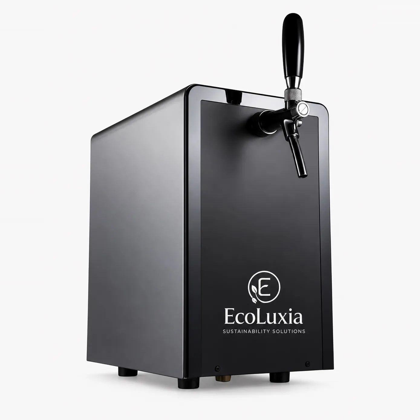 The EcoLuxia sparkling water machine: a black cabinet with a single tap and the EcoLuxia logo on its front.