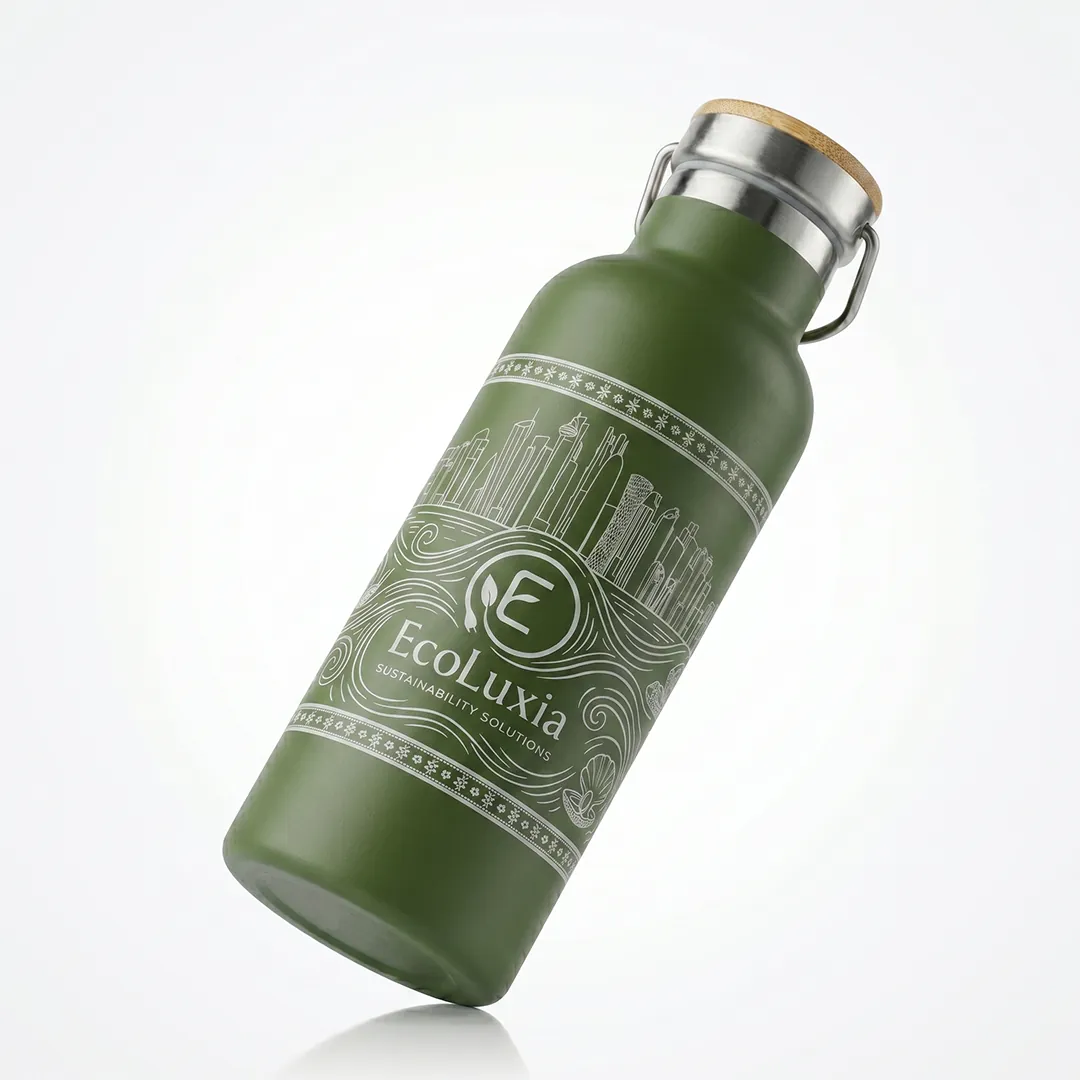 The EcoLuxia stainless-steel bottle at an angle, showing its skyline print.