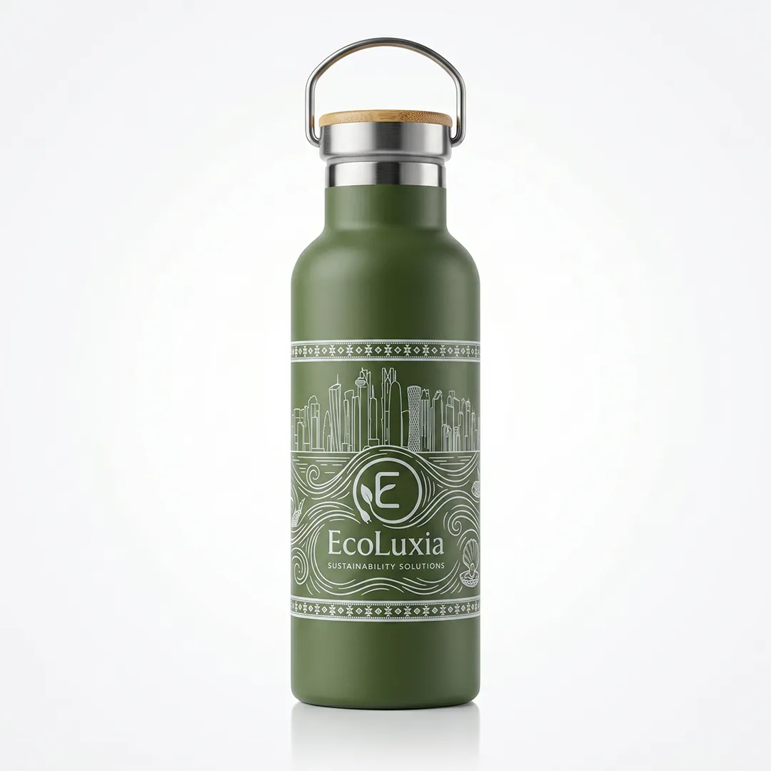 The EcoLuxia stainless-steel bottle in green, with a bamboo lid and a carry handle.