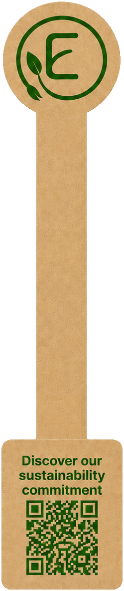 EcoLuxia’s kraft paper tamper-evident seal: a round tab with the green E logo at the top, a long strip, and a small tab at the bottom with the words “Discover our sustainability commitment” above a QR code.