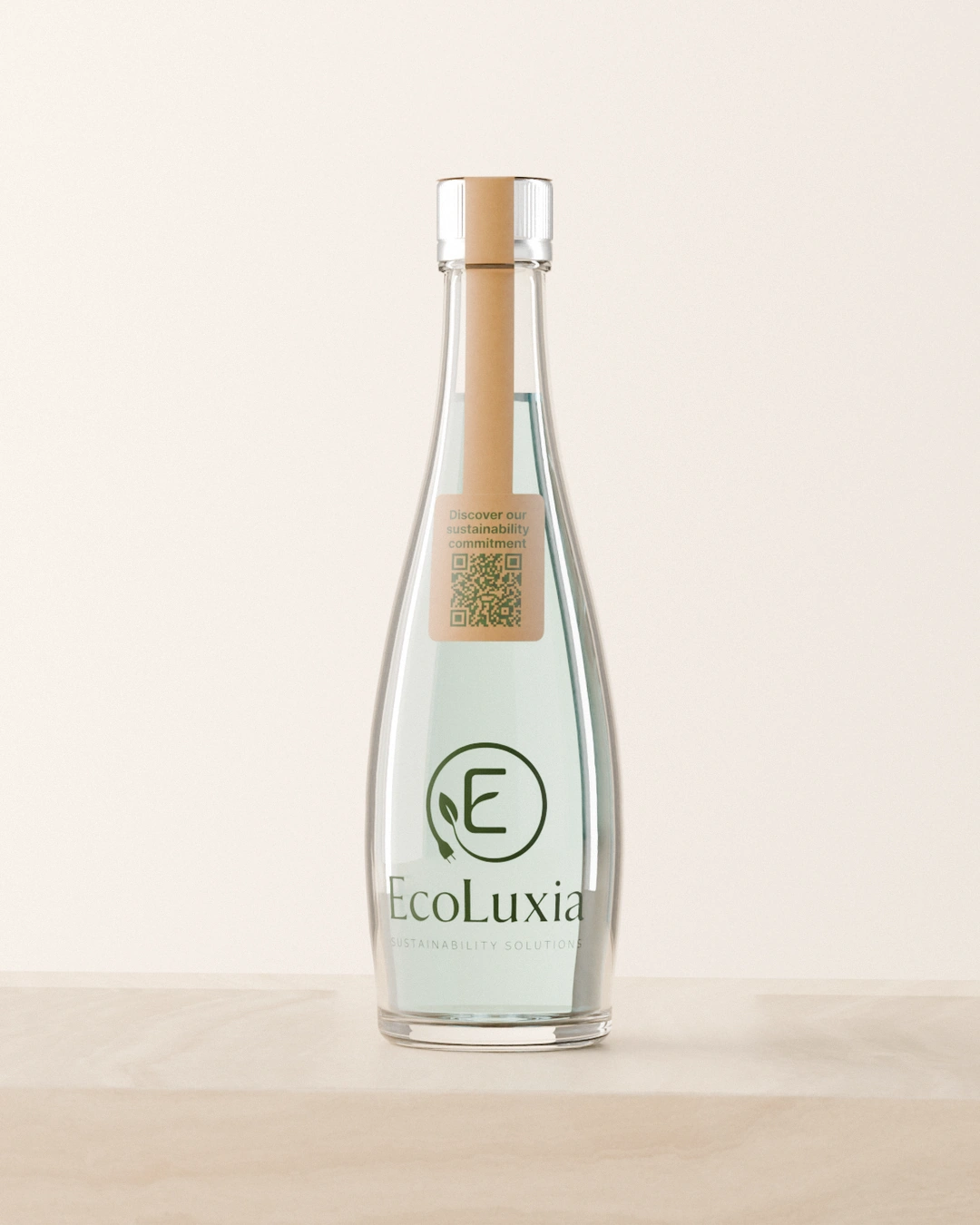 The EcoLuxia glass bottle filled with water, closed with its silver cap and sealed with EcoLuxia’s kraft tamper-evident seal, standing on a travertine slab.